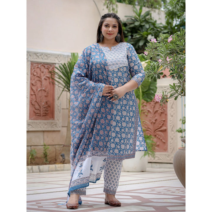 Yufta Women Blue Pure Cotton Sequinned Plus Size Kurta with Pants & Dupatta (Set of 3)