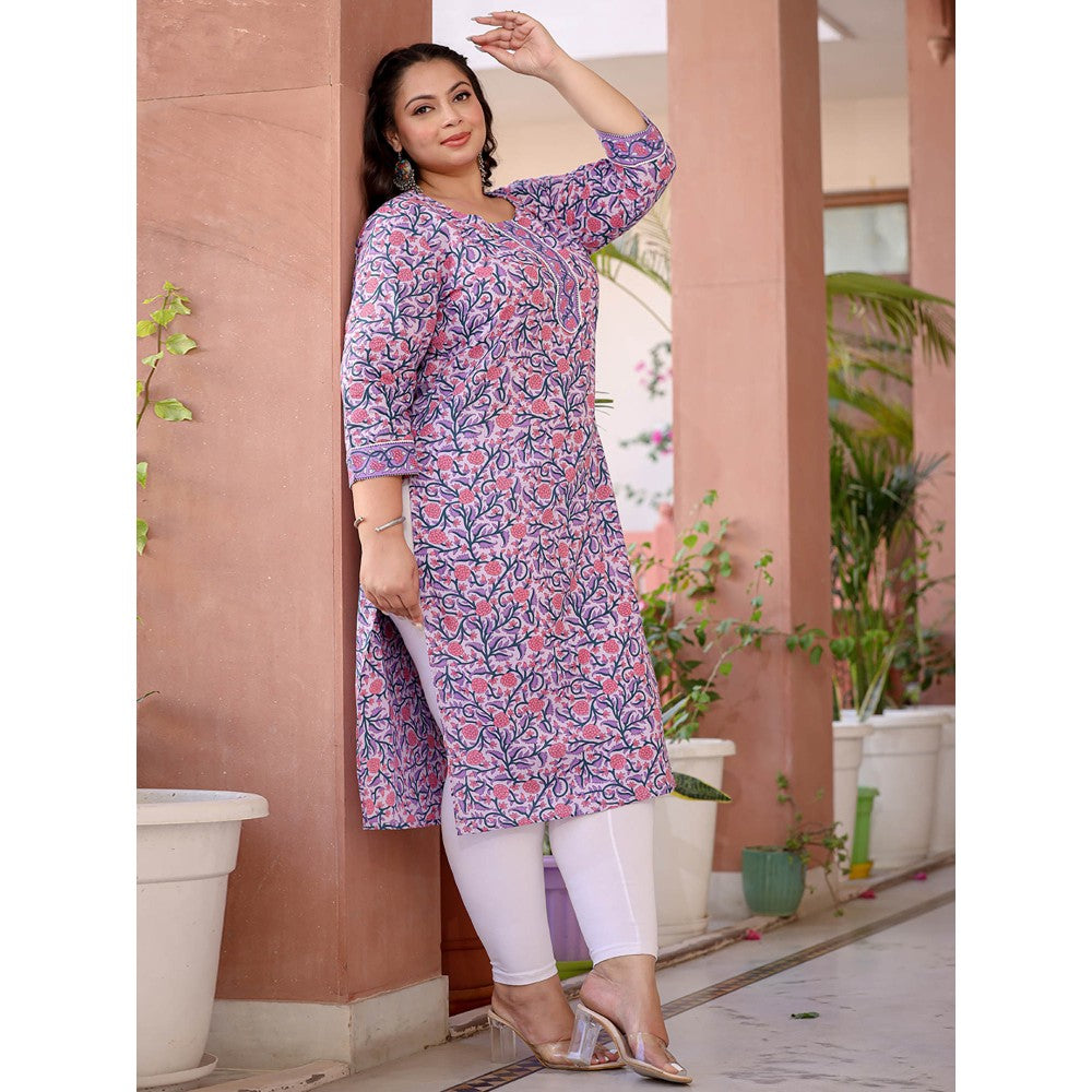 Yufta Women Lavender Pure Cotton Floral Print Plus Size Kurta