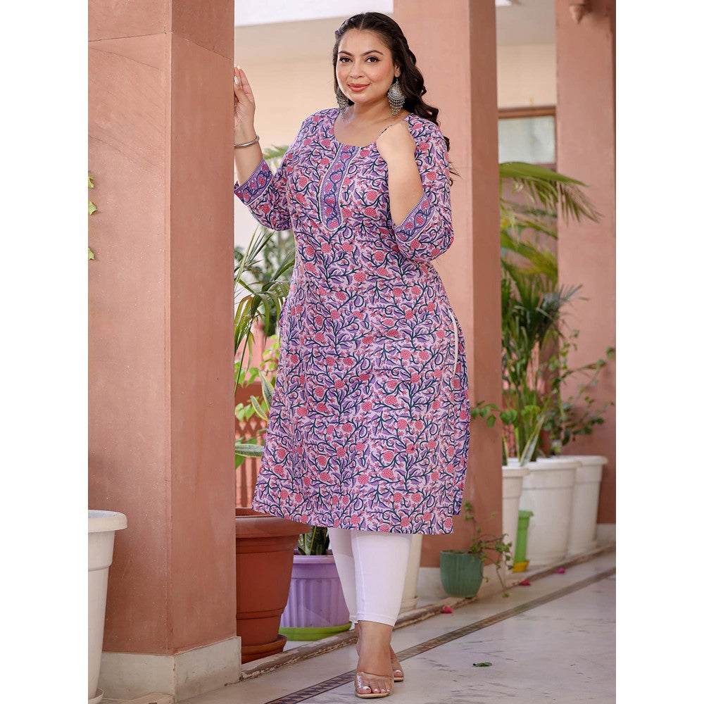 Yufta Women Lavender Pure Cotton Floral Print Plus Size Kurta