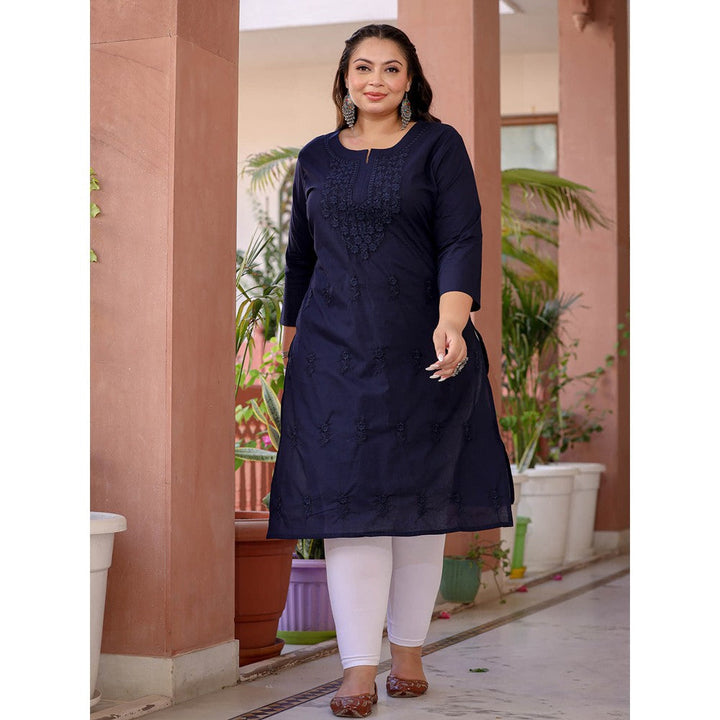 Yufta Women Navy Blue Floral Straight Plus Size Kurta