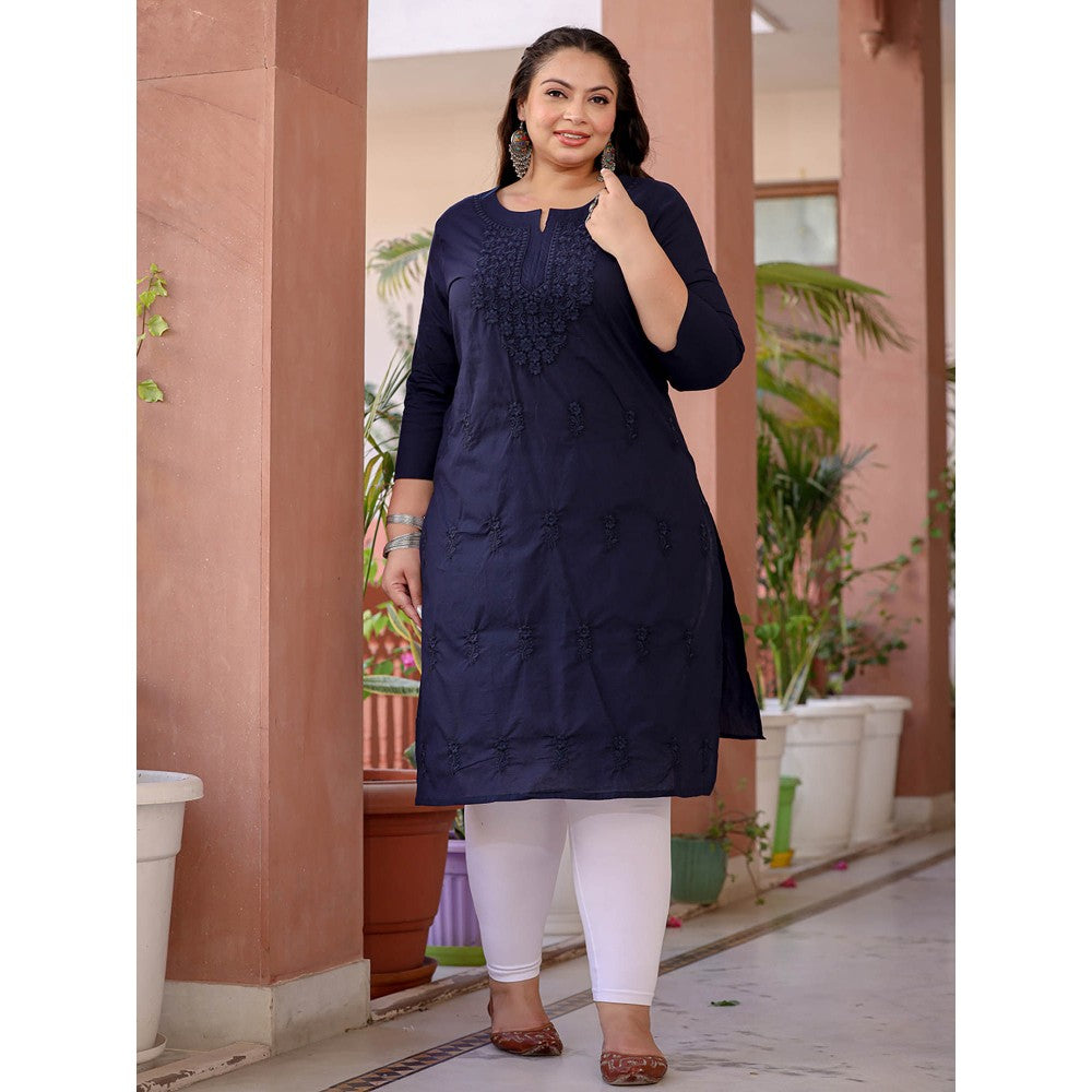 Yufta Women Navy Blue Floral Straight Plus Size Kurta