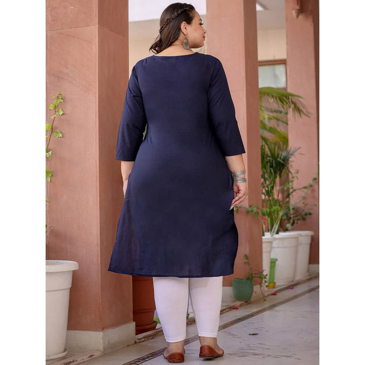 Yufta Women Navy Blue Floral Straight Plus Size Kurta