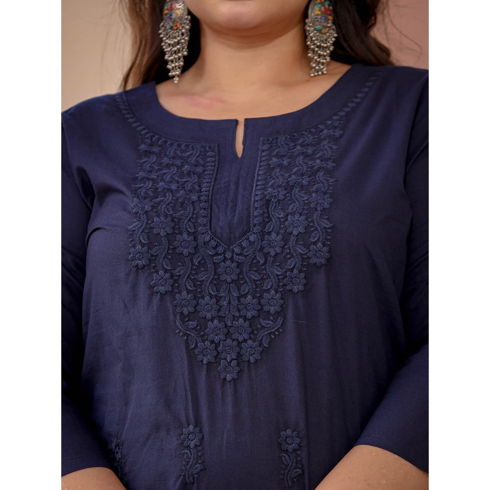 Yufta Women Navy Blue Floral Straight Plus Size Kurta