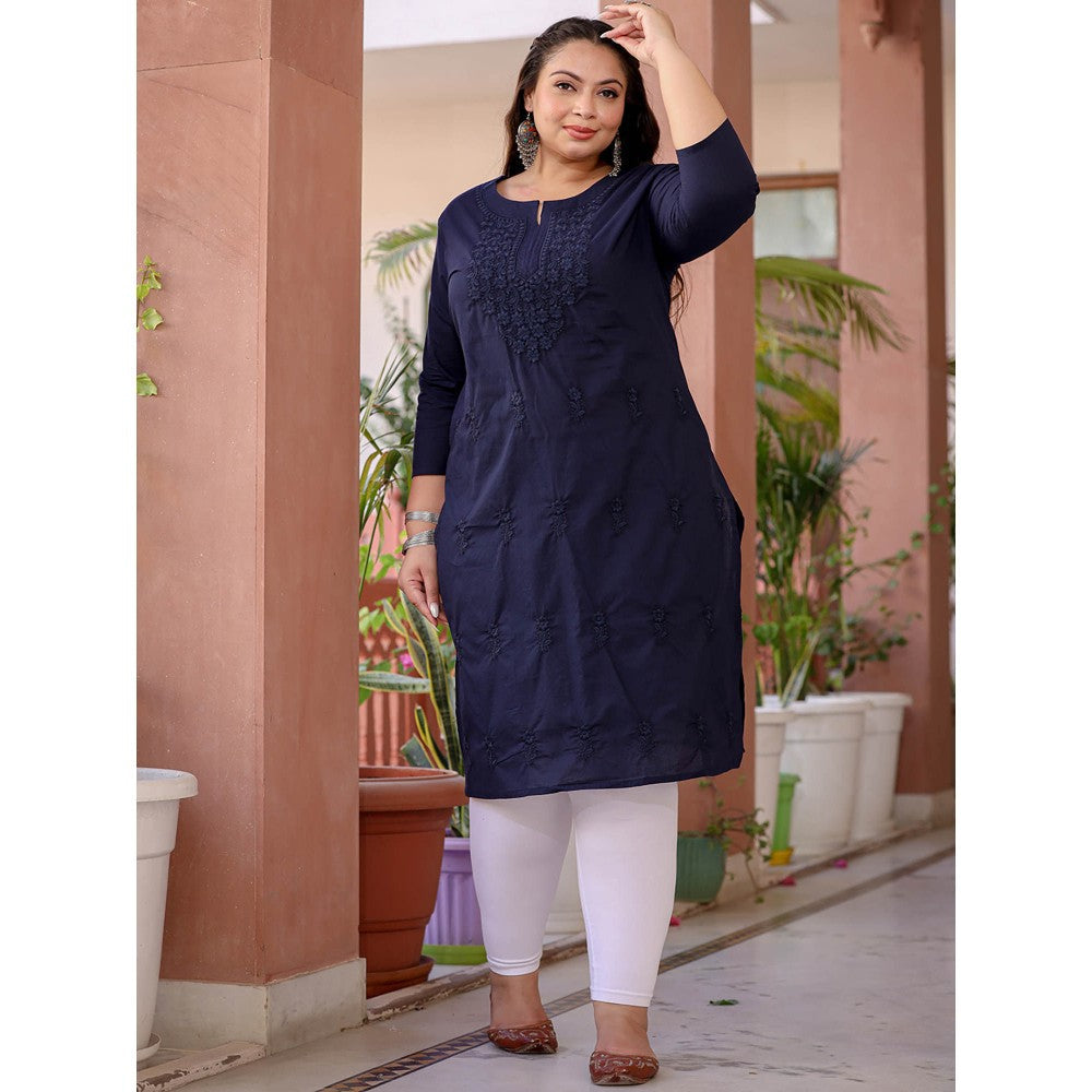 Yufta Women Navy Blue Floral Straight Plus Size Kurta