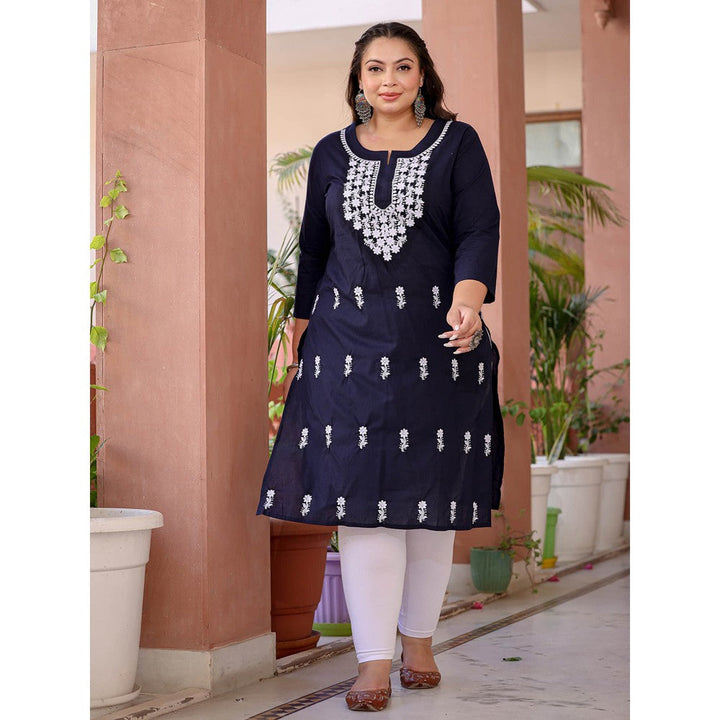 Yufta Women Navy Blue Chikankari Straight Plus Size Kurta