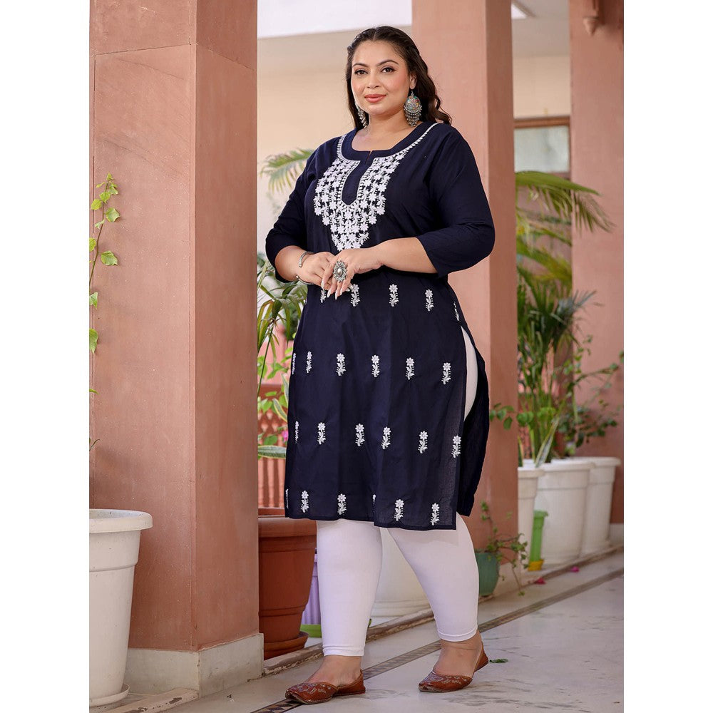 Yufta Women Navy Blue Chikankari Straight Plus Size Kurta