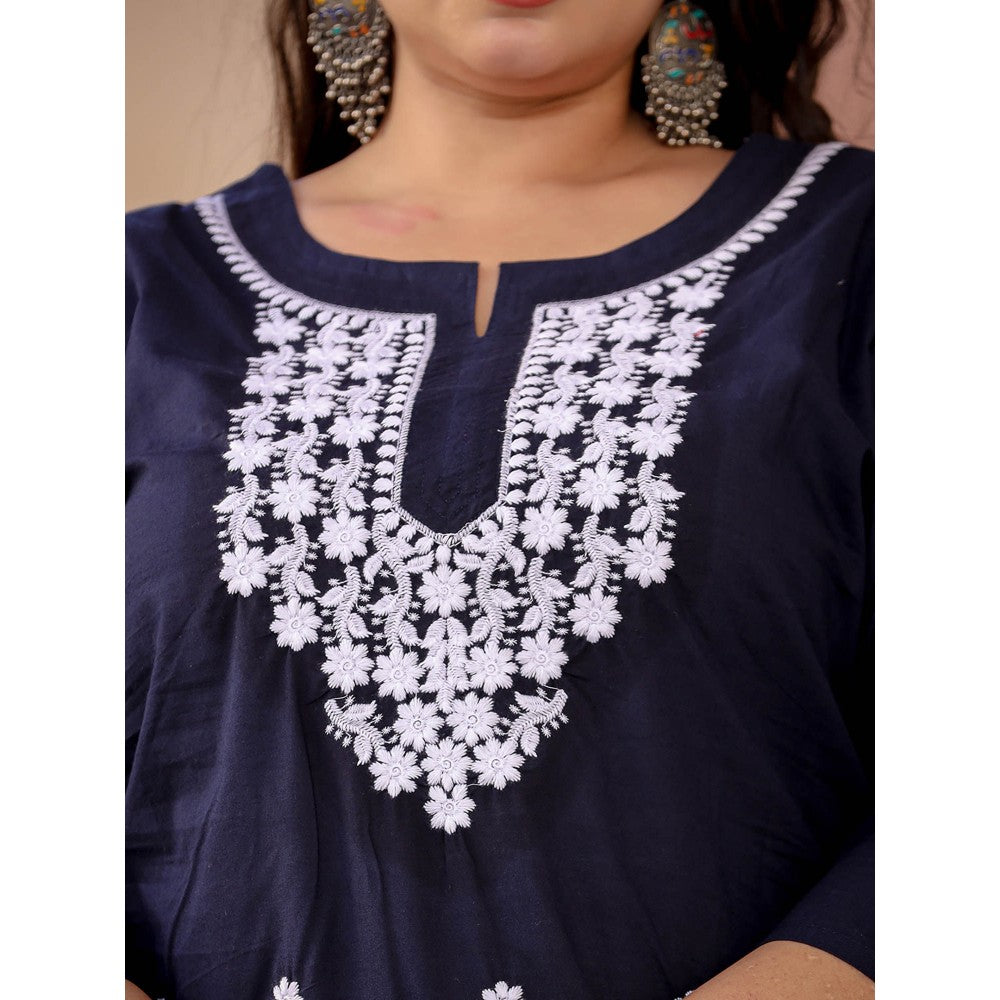 Yufta Women Navy Blue Chikankari Straight Plus Size Kurta