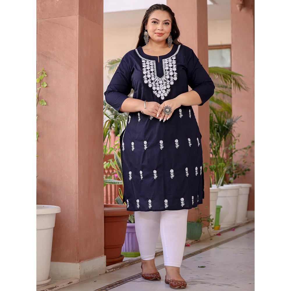 Yufta Women Navy Blue Chikankari Straight Plus Size Kurta