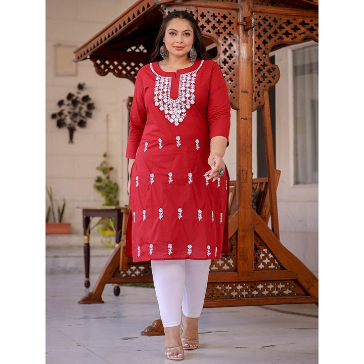 Yufta Women Maroon Chikankari Straight Plus Size Kurta