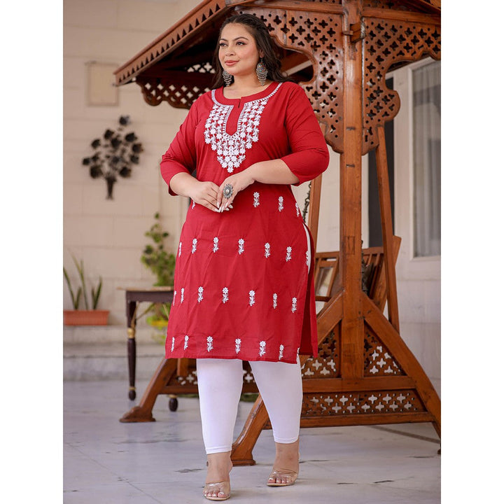 Yufta Women Maroon Chikankari Straight Plus Size Kurta