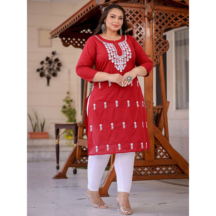 Yufta Women Maroon Chikankari Straight Plus Size Kurta