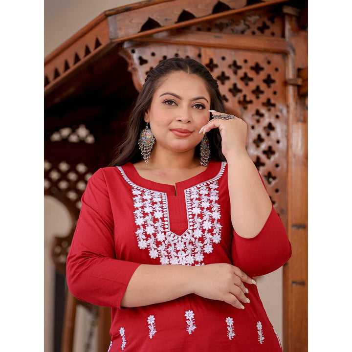 Yufta Women Maroon Chikankari Straight Plus Size Kurta