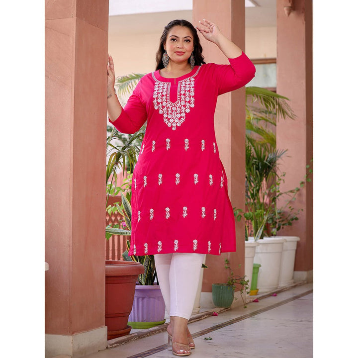 Yufta Women Hot Pink Chikankari Straight Plus Size Kurta