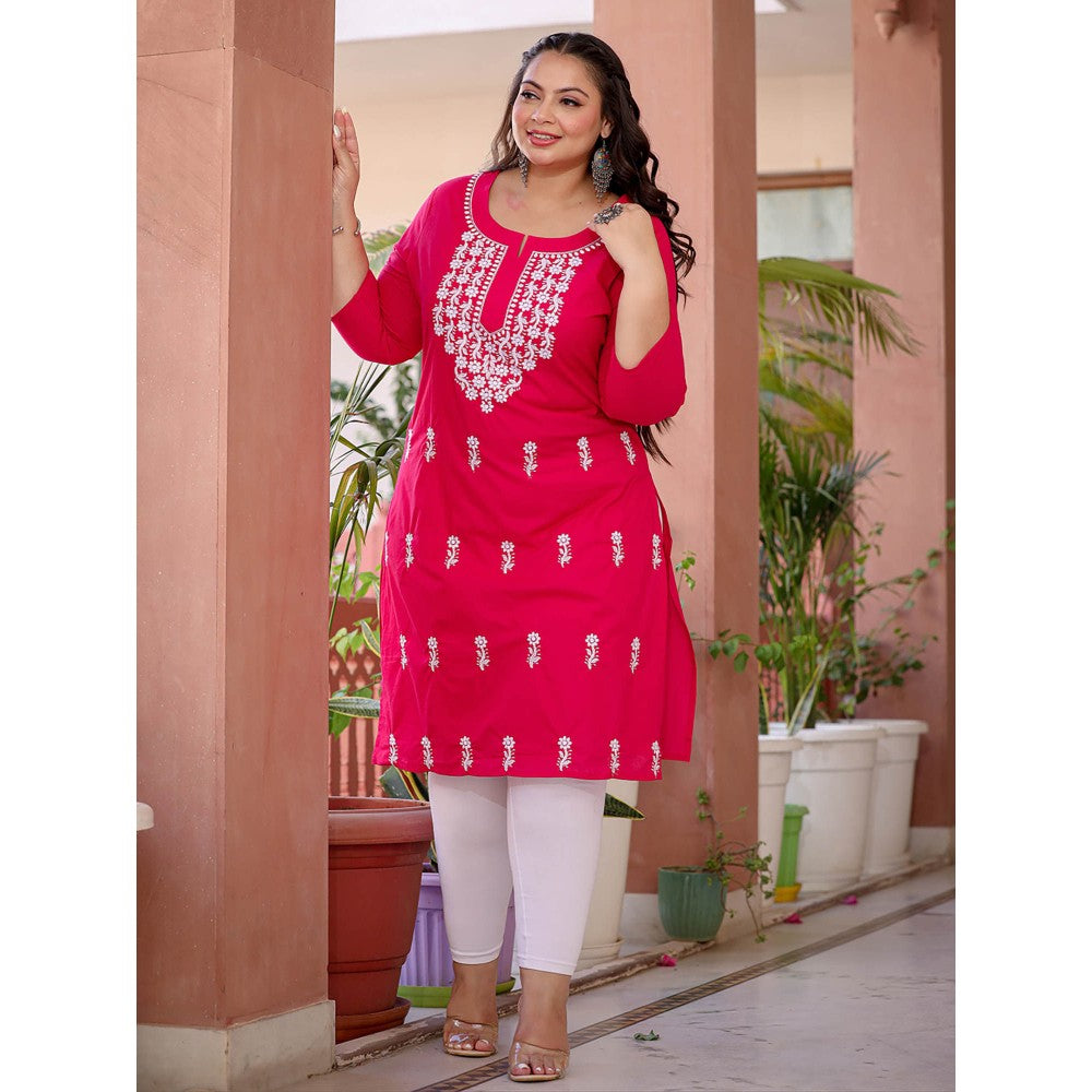 Yufta Women Hot Pink Chikankari Straight Plus Size Kurta