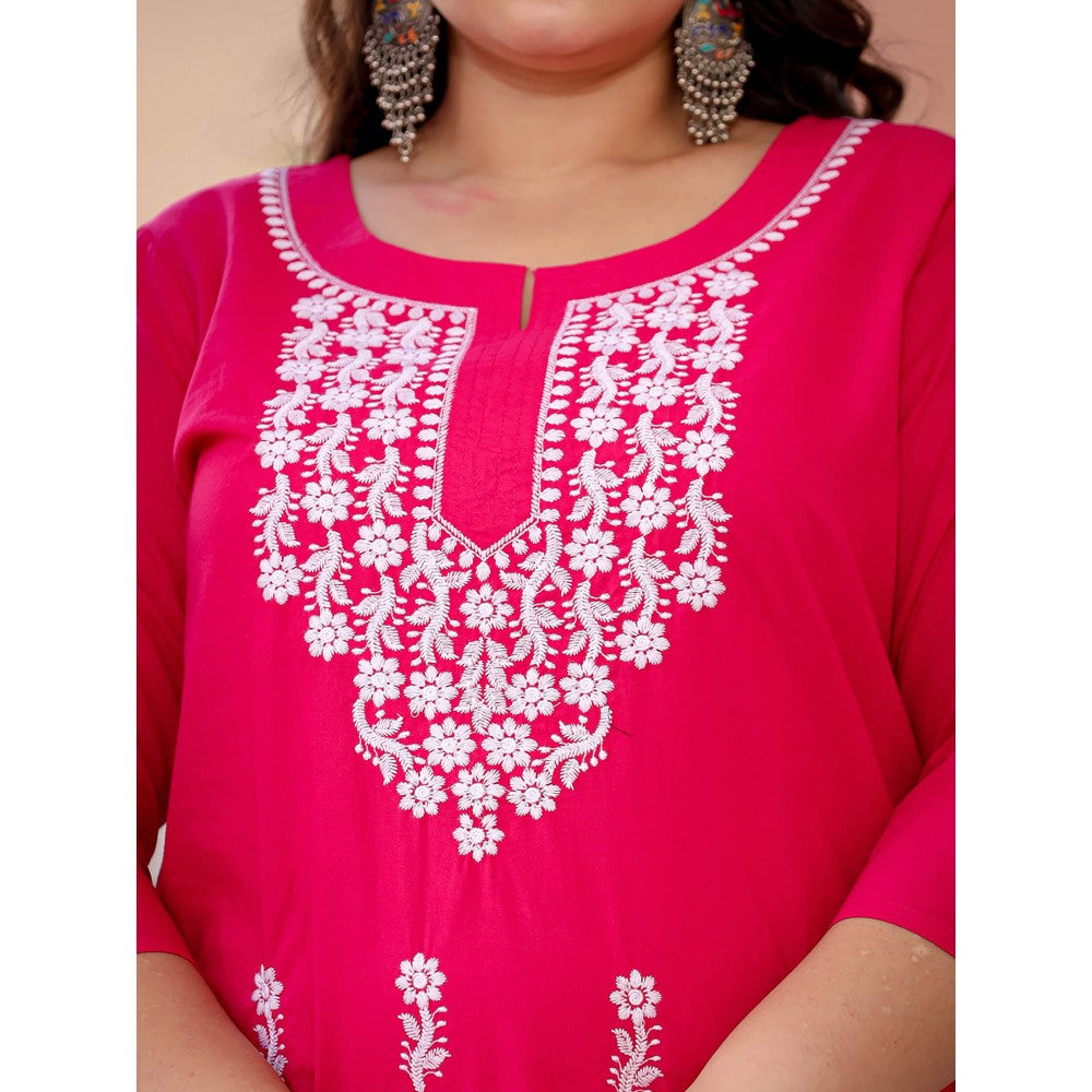 Yufta Women Hot Pink Chikankari Straight Plus Size Kurta