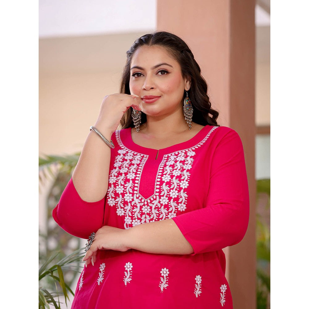 Yufta Women Hot Pink Chikankari Straight Plus Size Kurta