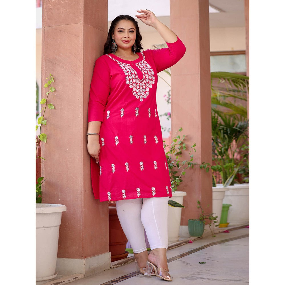 Yufta Women Hot Pink Chikankari Straight Plus Size Kurta