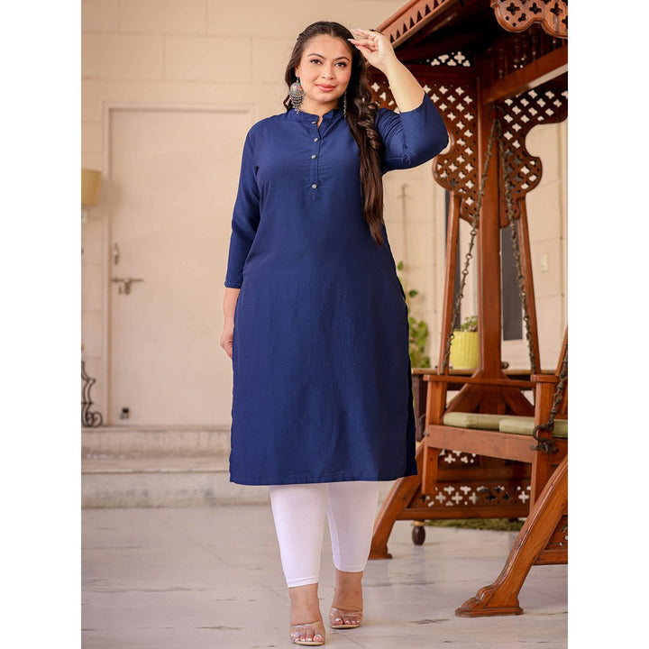 Yufta Women Navy Blue Silk Blend Solid Straight Kurta