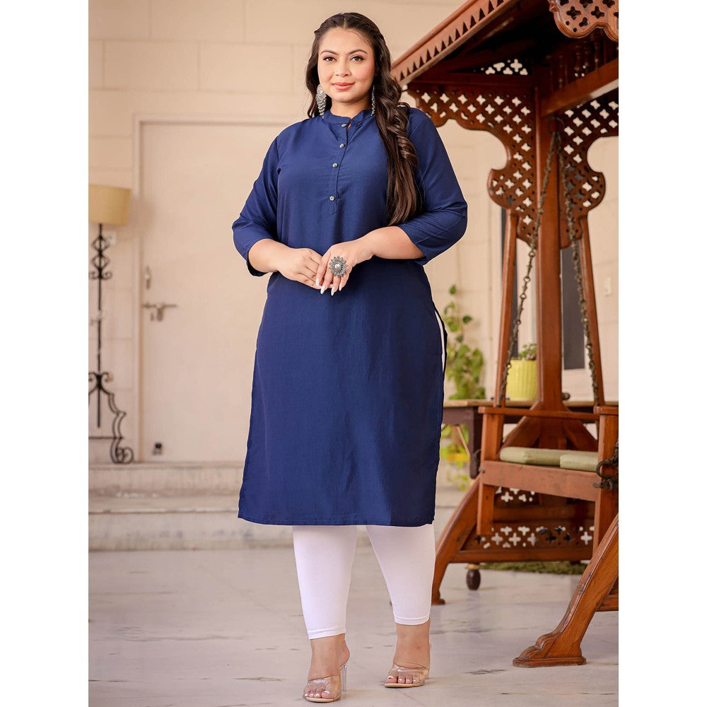 Yufta Women Navy Blue Silk Blend Solid Straight Kurta