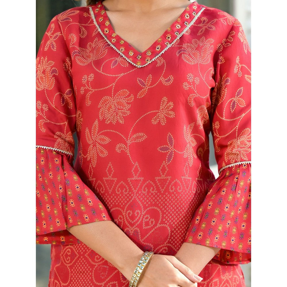 Yufta Women Red Bandhani Print Kurta Palazzo with Dupatta (Set of 3)