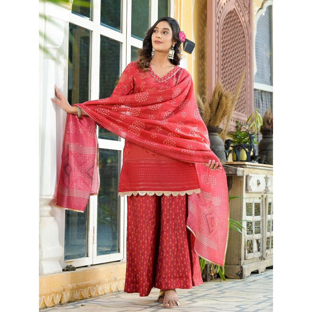 Yufta Women Red Bandhani Print Kurta Palazzo with Dupatta (Set of 3)