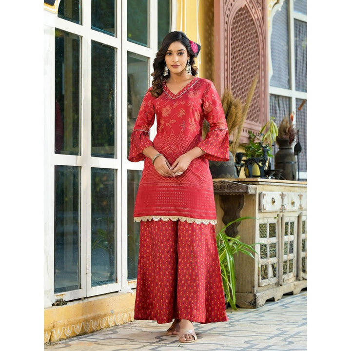 Yufta Women Red Bandhani Print Kurta Palazzo with Dupatta (Set of 3)