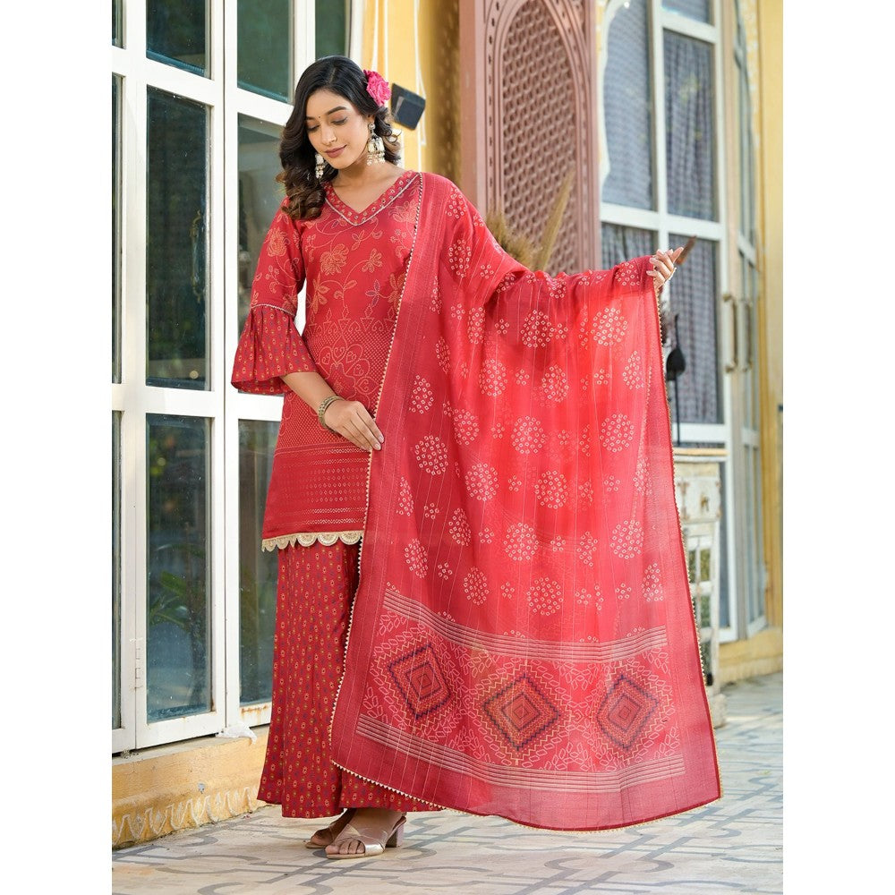 Yufta Women Red Bandhani Print Kurta Palazzo with Dupatta (Set of 3)