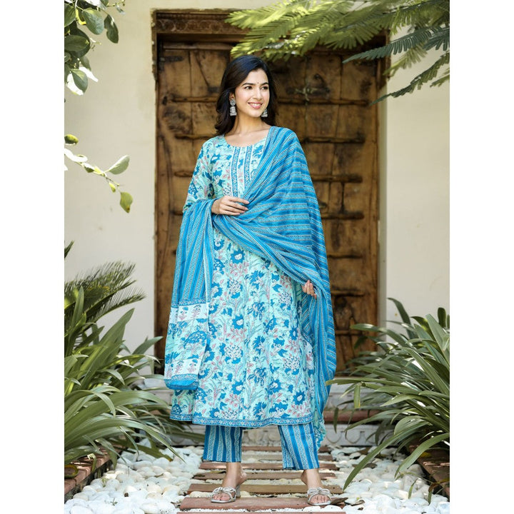 Yufta Women Sky Blue Floral Anarkali Kurta Pants and Dupatta (Set of 3)