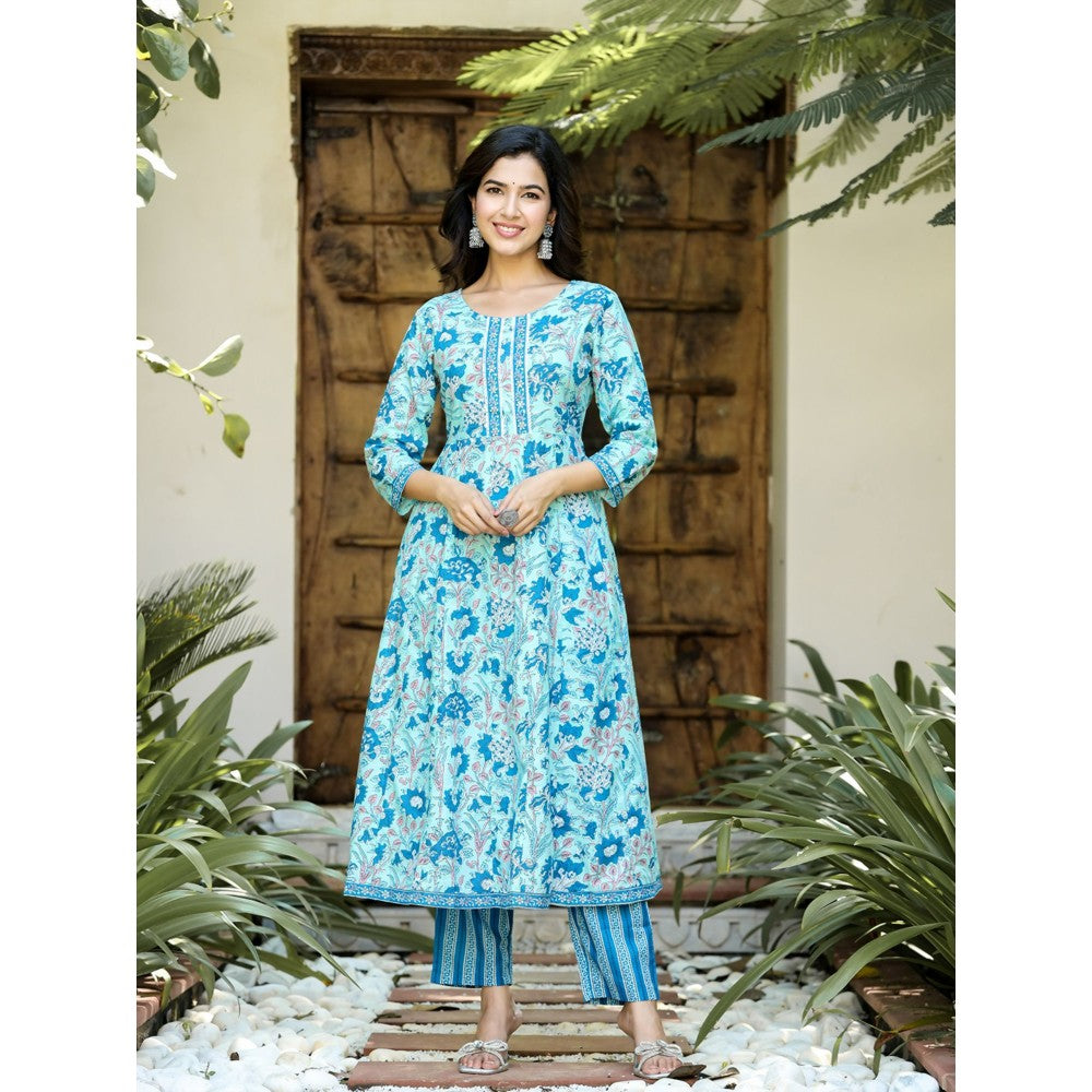 Yufta Women Sky Blue Floral Anarkali Kurta Pants and Dupatta (Set of 3)