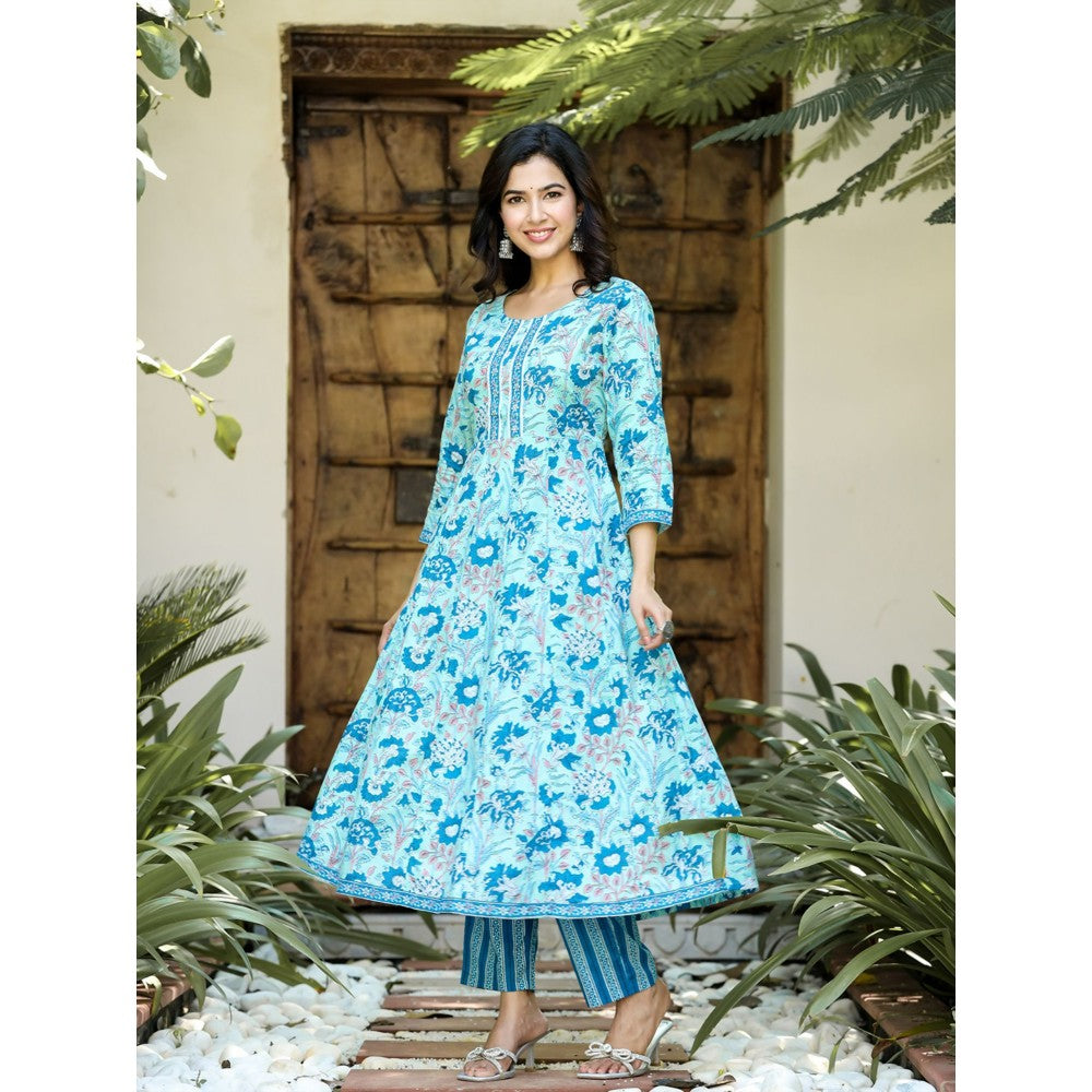 Yufta Women Sky Blue Floral Anarkali Kurta Pants and Dupatta (Set of 3)