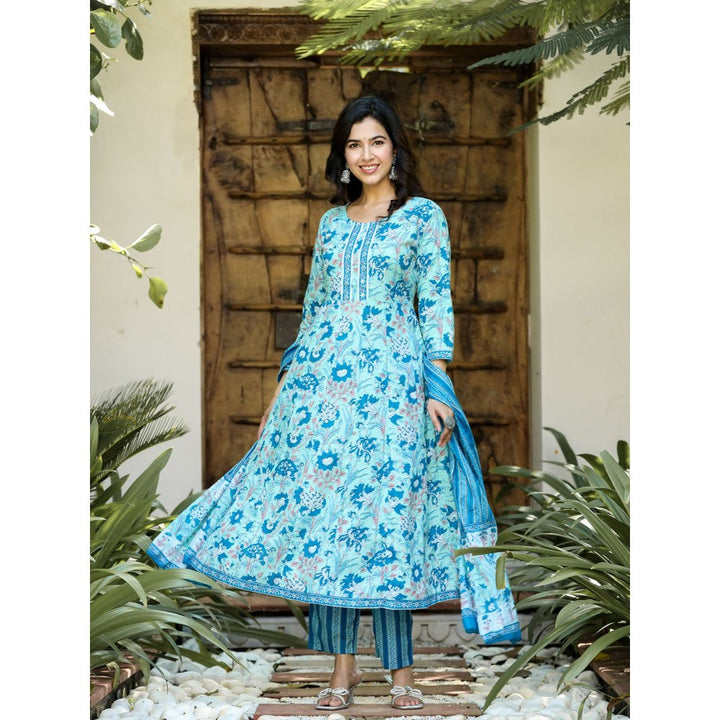 Yufta Women Sky Blue Floral Anarkali Kurta Pants and Dupatta (Set of 3)