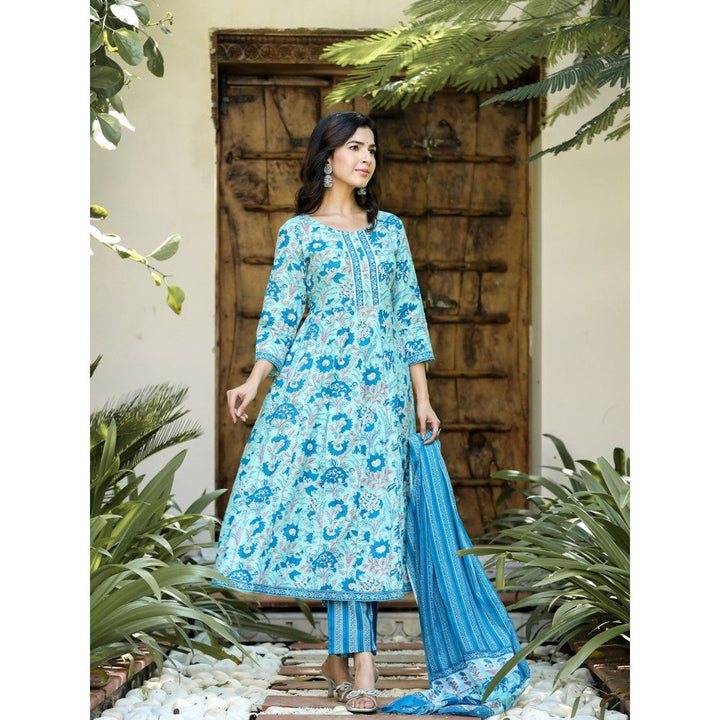 Yufta Women Sky Blue Floral Anarkali Kurta Pants and Dupatta (Set of 3)