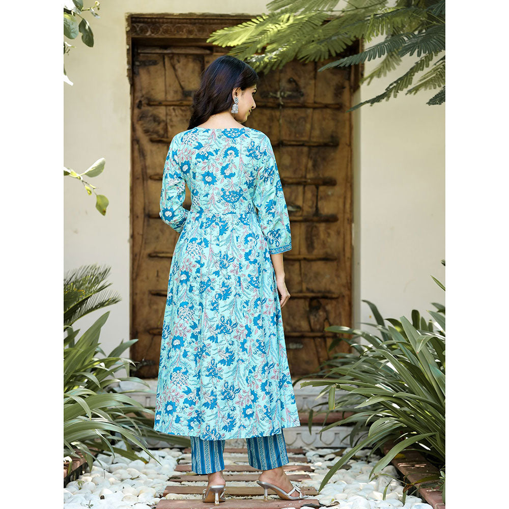 Yufta Women Sky Blue Floral Anarkali Kurta Pants and Dupatta (Set of 3)