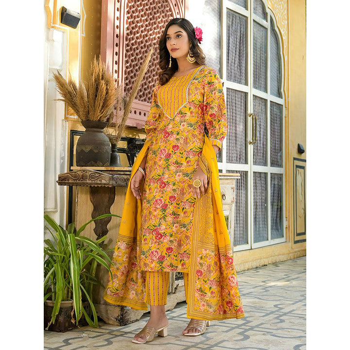 Yufta Women Yellow Floral Print Kurta Pants with Dupatta (Set of 3)