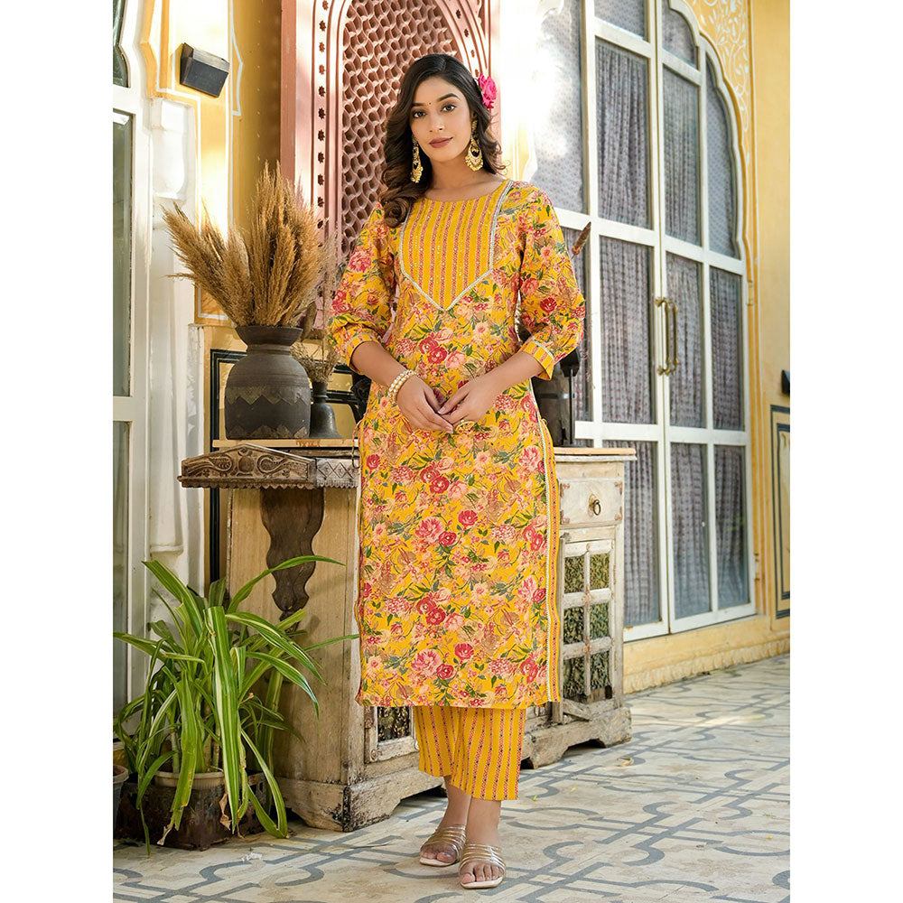 Yufta Women Yellow Floral Print Kurta Pants with Dupatta (Set of 3)