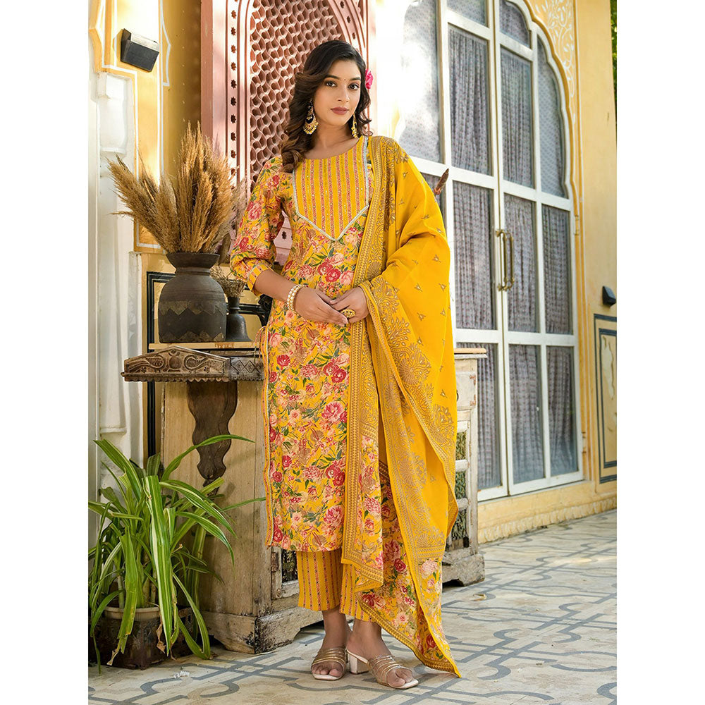 Yufta Women Yellow Floral Print Kurta Pants with Dupatta (Set of 3)