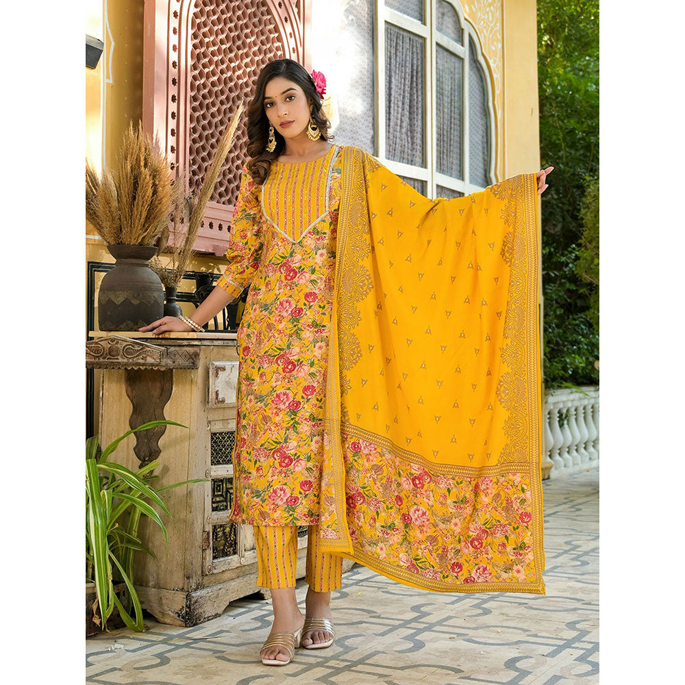 Yufta Women Yellow Floral Print Kurta Pants with Dupatta (Set of 3)