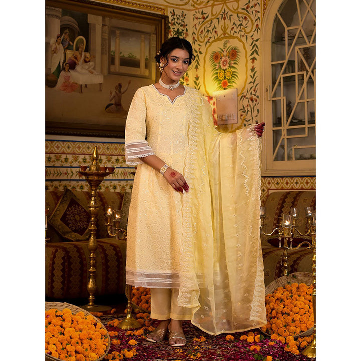 Yufta Women Yellow Pure Cotton Sequence Work Anarkali Kurta Pants with Dupatta (Set of 3)