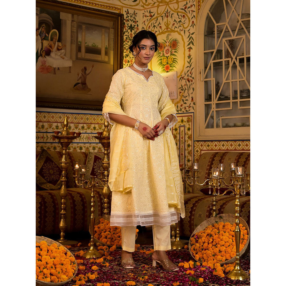 Yufta Women Yellow Pure Cotton Sequence Work Anarkali Kurta Pants with Dupatta (Set of 3)