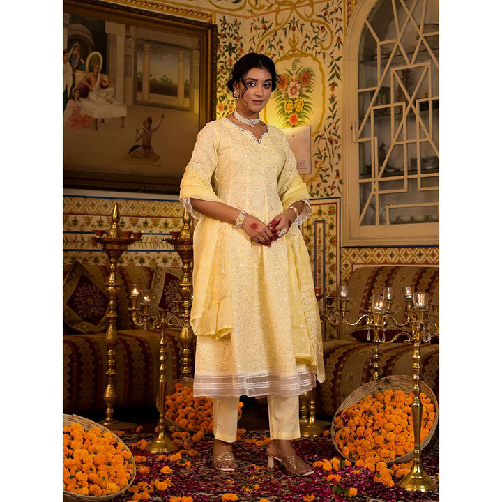 Yufta Women Yellow Pure Cotton Sequence Work Anarkali Kurta Pants with Dupatta (Set of 3)