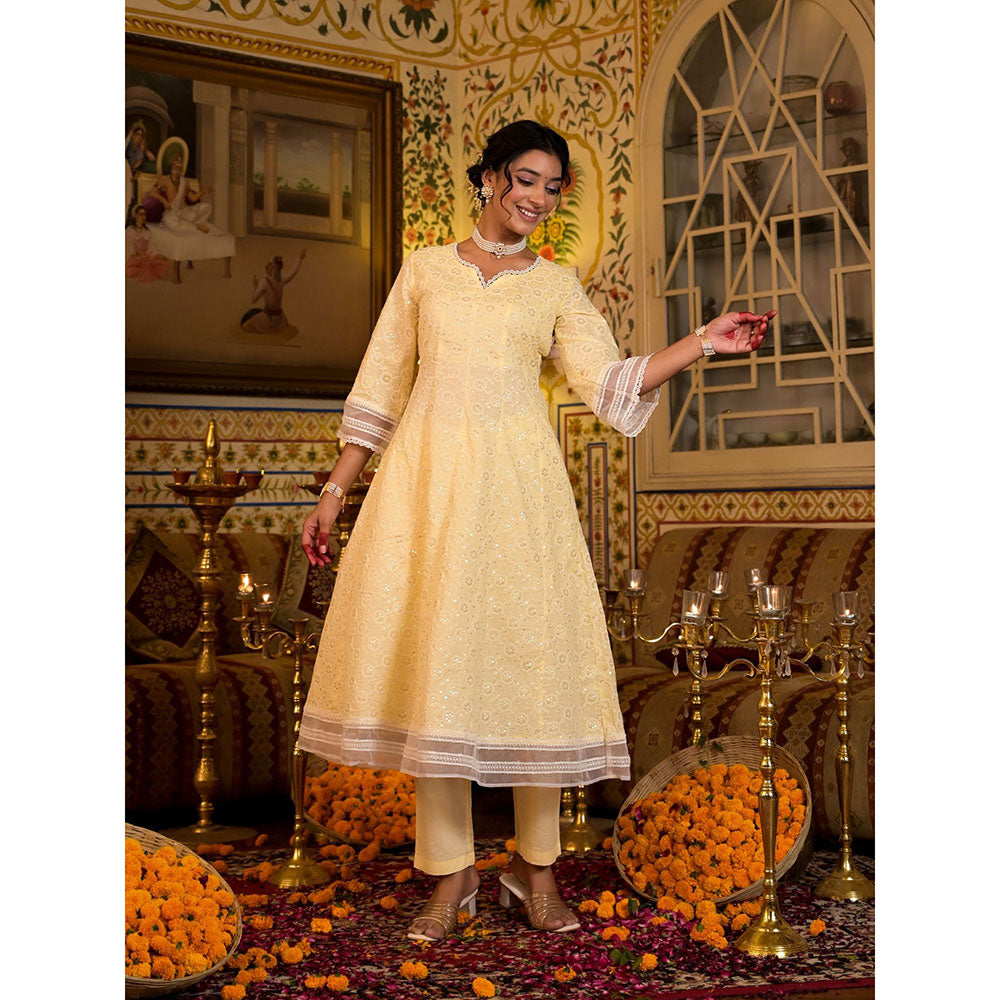 Yufta Women Yellow Pure Cotton Sequence Work Anarkali Kurta Pants with Dupatta (Set of 3)