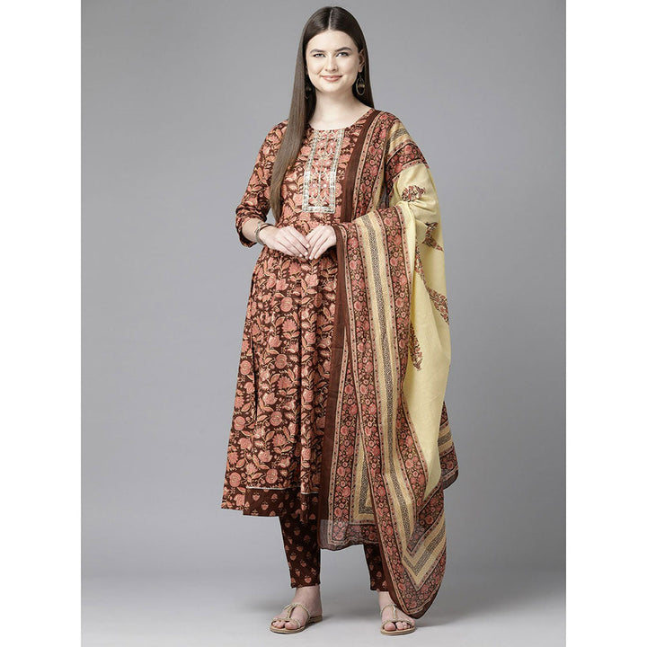 Yufta Women Coffee Brown Zari Work Anarkali Kurta with Pants & Dupatta (Set of 3)