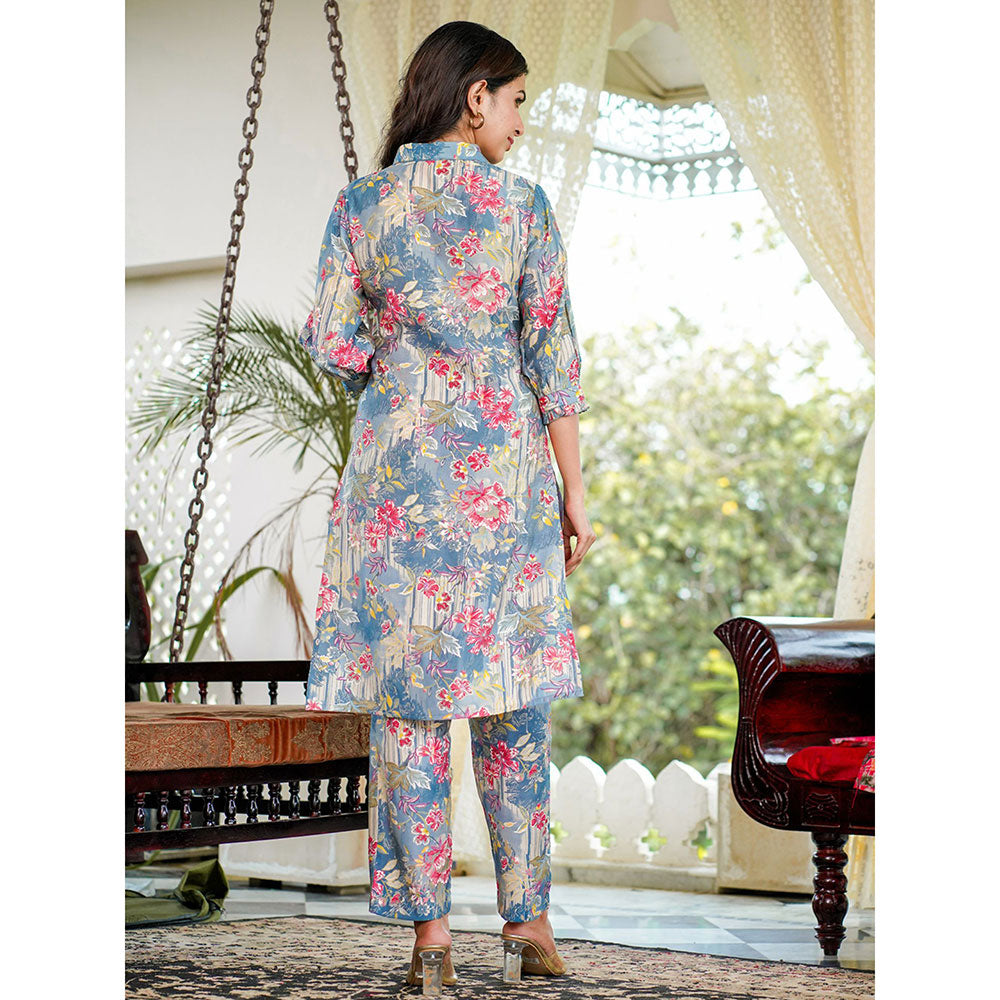 Yufta Women Blue Muslin Silk Floral Print Co-Ord with Embroidery Buttons (Set of 2)