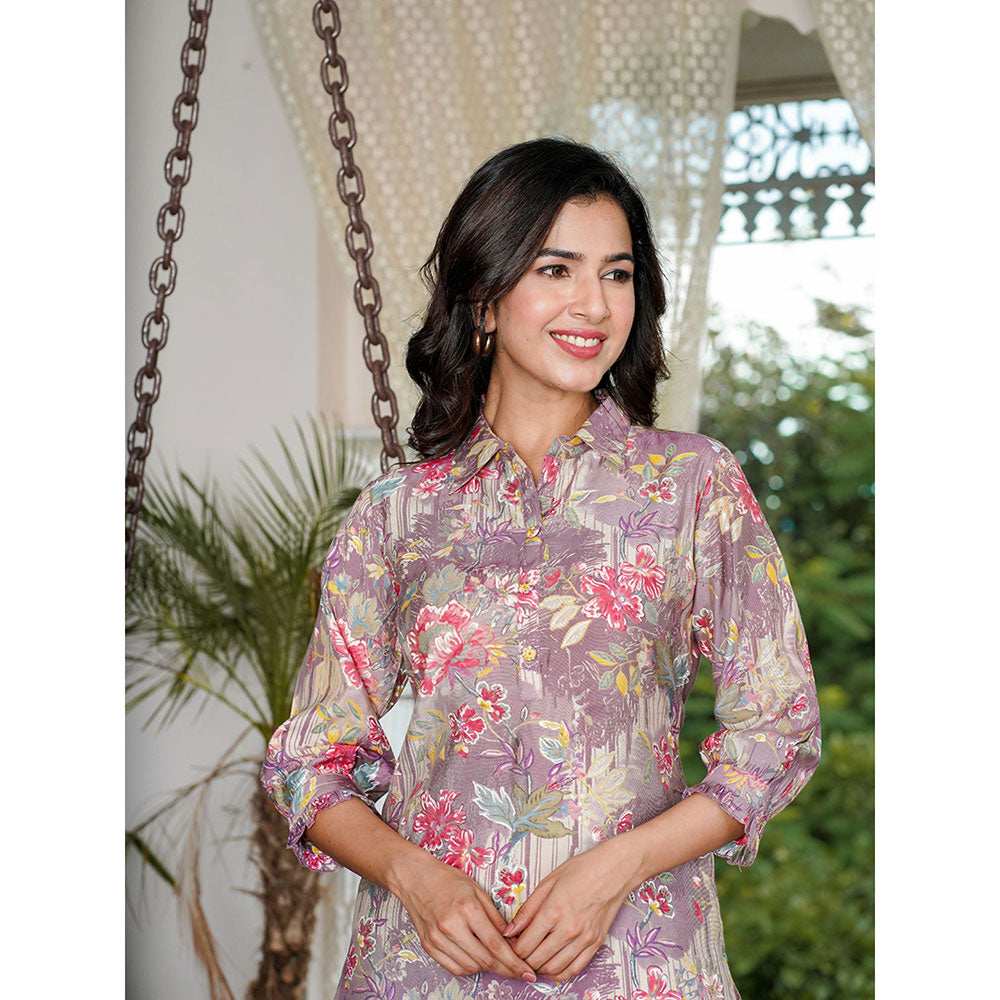 Yufta Women Mauve Muslin Silk Floral Print Co-Ord with Embroidery Buttons (Set of 2)