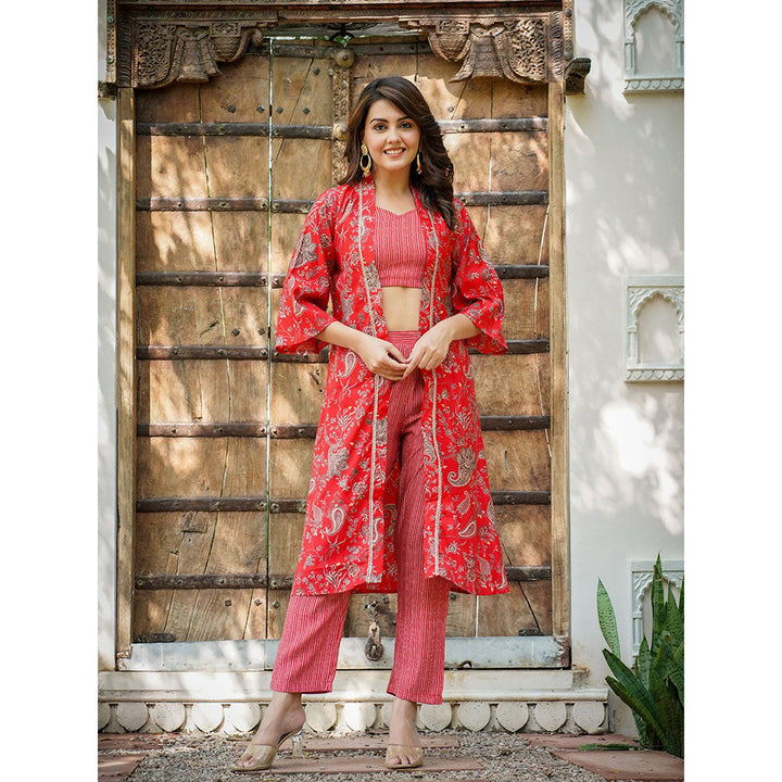 Yufta Women Muslin Red Co-Ord with Top and Pant (Set of 3)