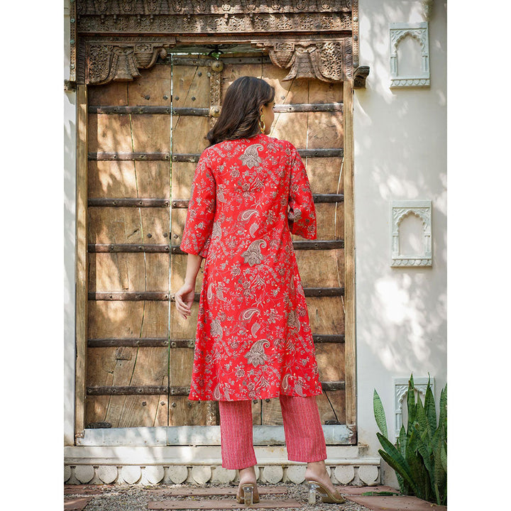 Yufta Women Muslin Red Co-Ord with Top and Pant (Set of 3)