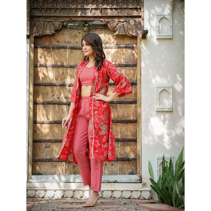 Yufta Women Muslin Red Co-Ord with Top and Pant (Set of 3)