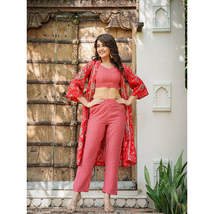 Yufta Women Muslin Red Co-Ord with Top and Pant (Set of 3)