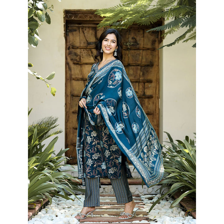 Yufta Women Navy Blue Chanderi Silk Straight Kurta Pants and Dupatta (Set of 3)