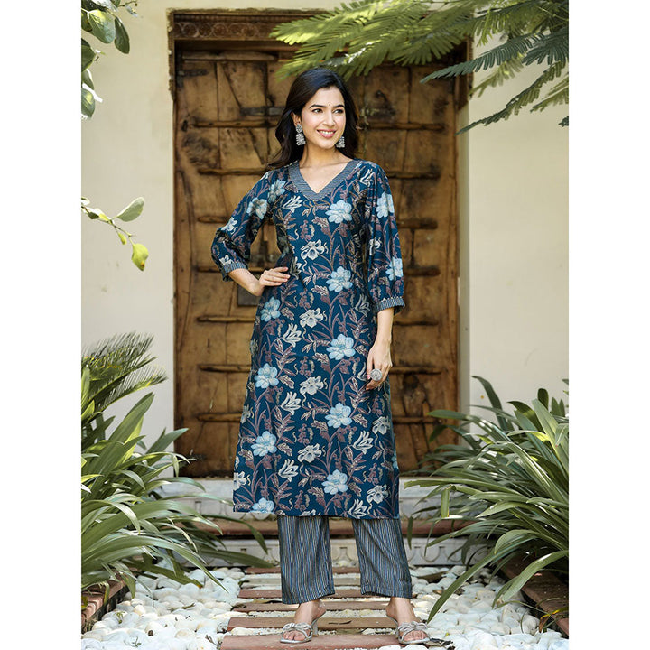 Yufta Women Navy Blue Chanderi Silk Straight Kurta Pants and Dupatta (Set of 3)